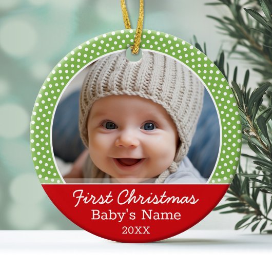 Baby's eerste kerstfoto - Rode groene stip Keramisch Ornament
