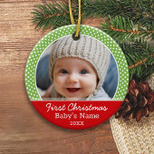 Baby's eerste kerstfoto - Rode groene stip Keramisch Ornament