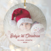 Baby's eerste kerstfoto rode retro script keramisch ornament