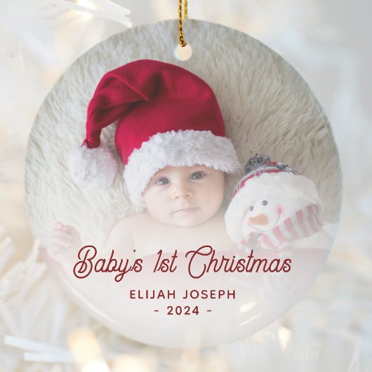 Baby's eerste kerstfoto rode retro script keramisch ornament