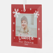 Baby's eerste kerstfoto Rode sneeuwvlokken Foto Glas Ornament (Voorkant links)