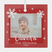 Baby's eerste kerstfoto Rode sneeuwvlokken Foto Glas Ornament (Voorkant)