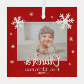 Baby's eerste kerstfoto Rode sneeuwvlokken Foto Glas Ornament (Achterkant)