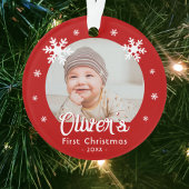 Baby's eerste kerstfoto Rode sneeuwvlokken Foto Ornament