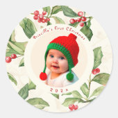 Baby's eerste kerstfoto ronde sticker (Voorkant)