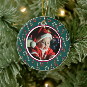 Baby's eerste kerstfoto Rood- en groene snoepjes Keramisch Ornament