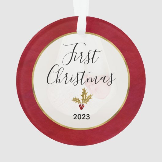 Baby's eerste kerstfoto Rood & Gold Holly Ornament (achterkant)