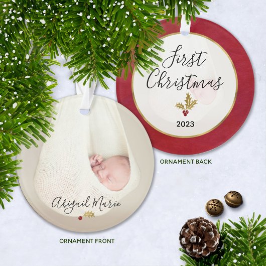 Baby's eerste kerstfoto Rood & Gold Holly Ornament