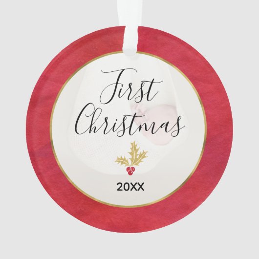 Baby's eerste kerstfoto Rood & Gold Holly Ornament (achterkant)