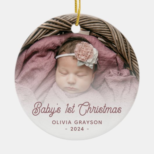 Baby's Eerste Kerstfoto Roos Retro Script Keramisch Ornament (Voorkant)