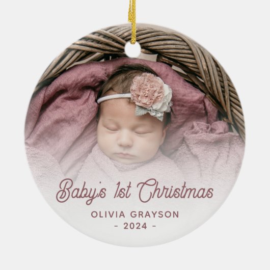 Baby's Eerste Kerstfoto Roos Retro Script Keramisch Ornament (Achterkant)