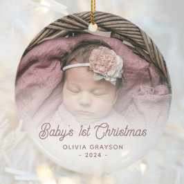 Baby's Eerste Kerstfoto Roos Retro Script Keramisch Ornament