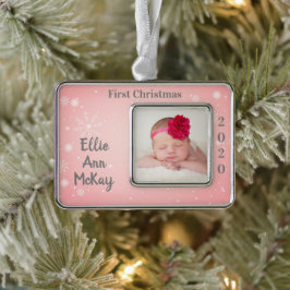 Baby's eerste kerstfoto Roze Snowflake Verzilverd Omlijst Ornament
