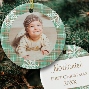Baby's eerste kerstfoto Sage geruit sneeuwvlokken Keramisch Ornament