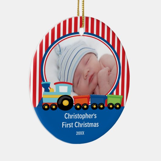 Baby's eerste kerstfoto-sierjongen keramisch ornament (Rechts)