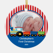 Baby's eerste kerstfoto-sierjongen keramisch ornament (Voorkant)