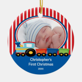 Baby's eerste kerstfoto-sierjongen keramisch ornament