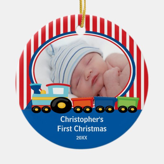Baby's eerste kerstfoto-sierjongen keramisch ornament (Voorkant)
