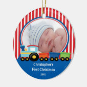 Baby's eerste kerstfoto-sierjongen keramisch ornament (Links)