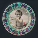 BABY'S EERSTE KERSTFOTO SJABLOON BLAUW PAPIEREN BORDJE<br><div class="desc">Elegant,  klassieker,  levendige Renaissance fijne kunst,  meesterwerk uit de Bottega della Robbia (Florence - Italië) in heldere aqua blauw,  blauwgroen,  turquase roze,  fuchsia,  groene kleuren</div>