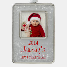 Baby's Eerste Kerstfoto Sjabloon Zilver Rood Verzilverd Omlijst Ornament