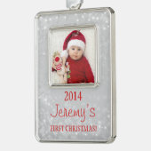 Baby's Eerste Kerstfoto Sjabloon Zilver Rood Verzilverd Omlijst Ornament (Links)