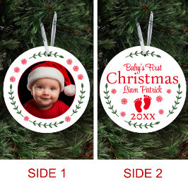 Baby's eerste kerstfoto Sneeuwvlokken en Laurel Keramisch Ornament