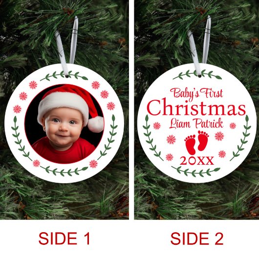 Baby's eerste kerstfoto Sneeuwvlokken en Laurel Keramisch Ornament