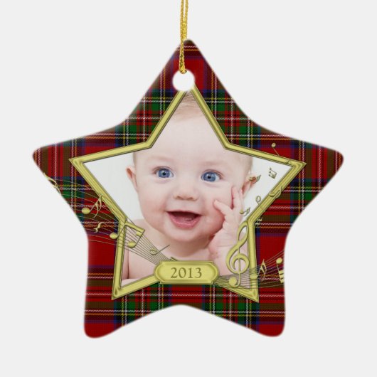 Baby's Eerste Kerstfoto Star Tartan Xmas Keramisch Ornament (Voorkant)