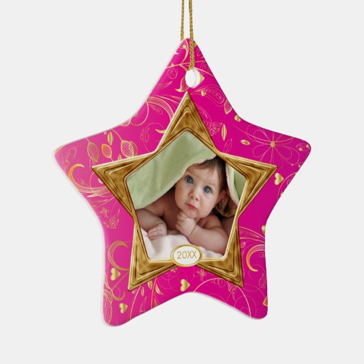 Baby's Eerste kerstfoto Ster Pink Keramisch Ornament (Rechts)