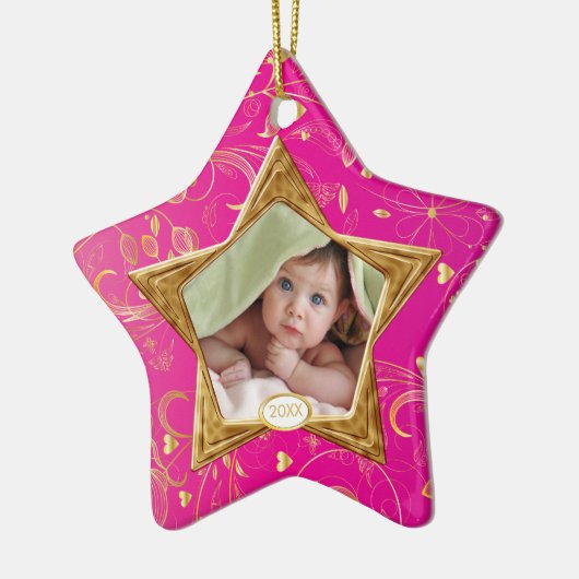 Baby's Eerste kerstfoto Ster Pink Keramisch Ornament (Links)