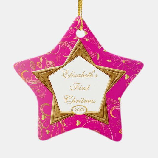Baby's Eerste kerstfoto Ster Pink Keramisch Ornament (Achterkant)