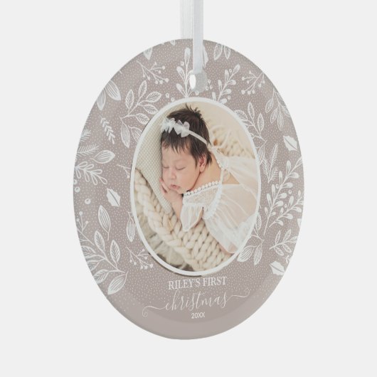 Baby's eerste kerstfoto Taupe Glas Ornament (Voorkant Rechts)