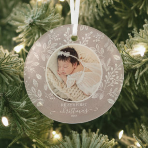 Baby's eerste kerstfoto Taupe Glas Ornament