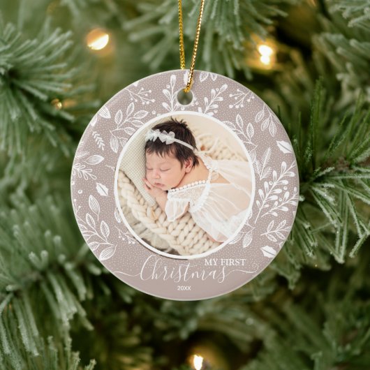 Baby's eerste kerstfoto Taupe Keramisch Ornament (Boom)