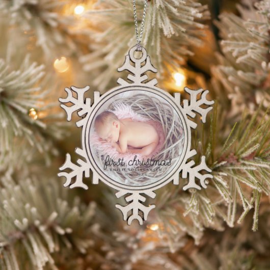 Baby's eerste kerstfoto tin sneeuwvlok ornament (Boom)