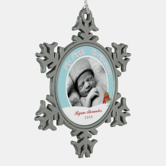 Baby's eerste kerstfoto tin sneeuwvlok ornament (Links)