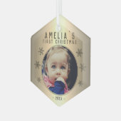 Baby's eerste kerstfoto van Golden Snowflake Glas Ornament (Voorkant links)