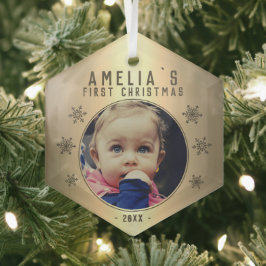 Baby's eerste kerstfoto van Golden Snowflake Glas Ornament