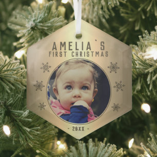 Baby's eerste kerstfoto van Golden Snowflake Glas Ornament