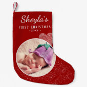 Baby's eerste kerstfoto van rood hart kleine kerstsok (Voorkant)