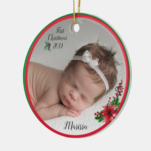 Baby's eerste kerstfoto-versiering keramisch ornament (Links)