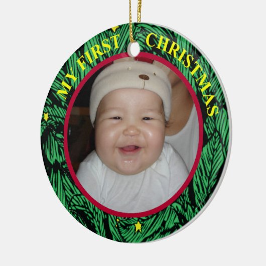 Baby's eerste kerstfoto-versiering keramisch ornament (Links)