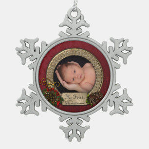 Baby's eerste kerstfoto-versiering tin sneeuwvlok ornament