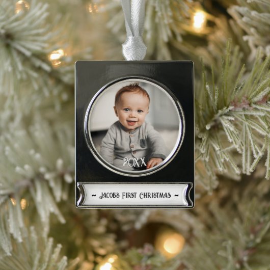 Baby's eerste kerstfoto verzilverd banner ornament (Boom)