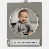 Baby's eerste kerstfoto verzilverd banner ornament (Voorkant)