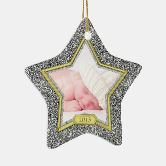 Baby's eerste kerstfoto Xmas Silver Gold Star Keramisch Ornament (Rechts)