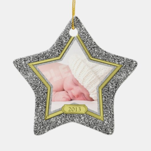 Baby's eerste kerstfoto Xmas Silver Gold Star Keramisch Ornament (Voorkant)
