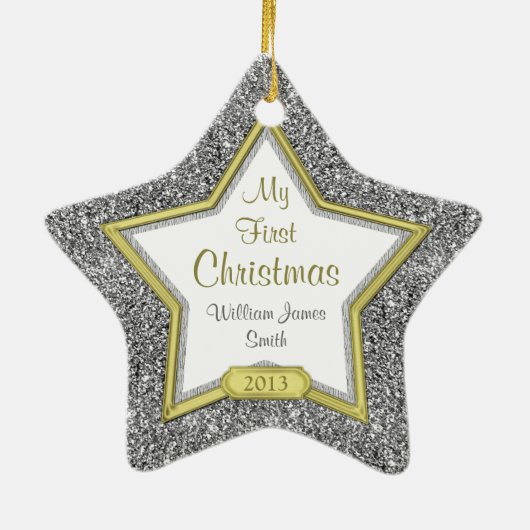 Baby's eerste kerstfoto Xmas Silver Gold Star Keramisch Ornament (Achterkant)
