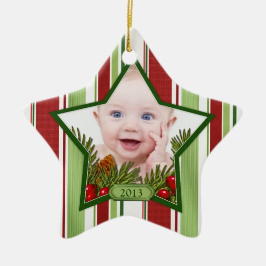 Baby's eerste kerstfoto Xmas Stripes Star Keramisch Ornament (Voorkant)